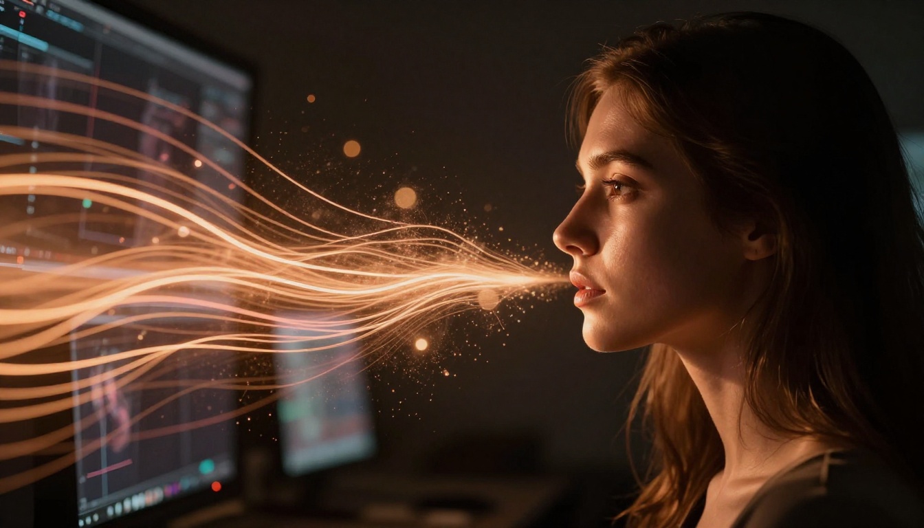 Abstract AI visualization with light streams and silhouette representing the creative power of AI video generation Abstract AI visualization with light streams and silhouette representing the creative power of AI video generation