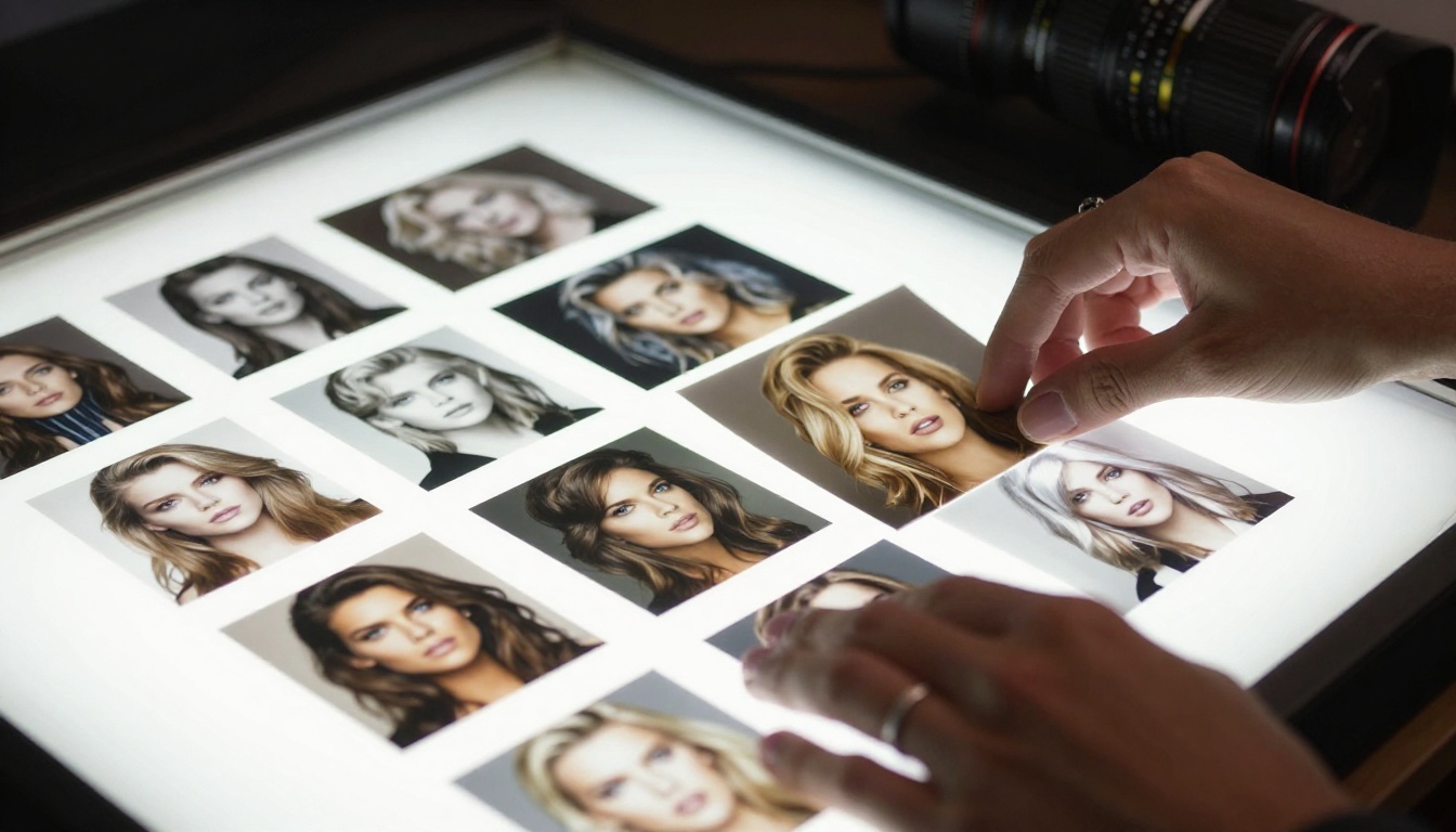 Hands selecting portrait photos on a light table