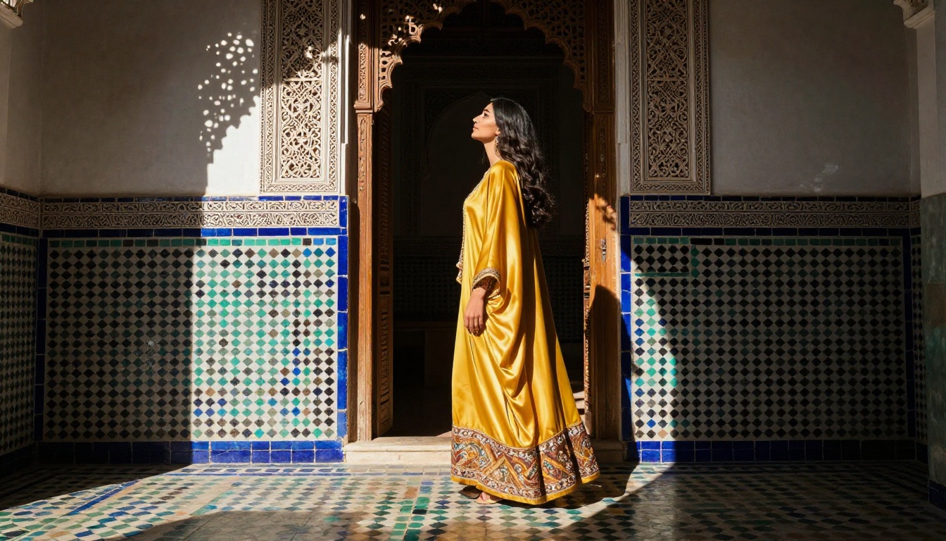 Woman in saffron silk kaftan standing in Moroccan riad doorway, rim lighting, cinematic composition