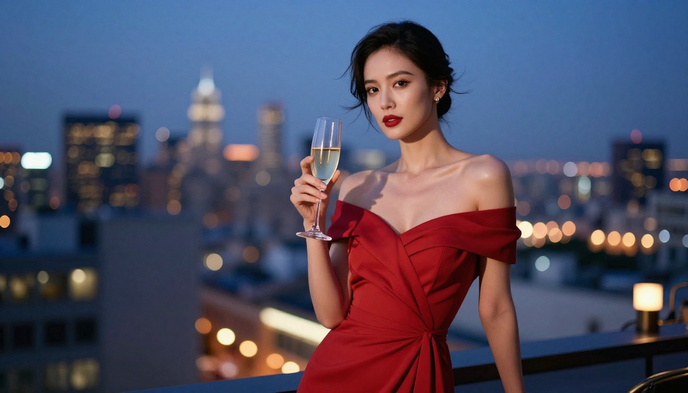 Editorial fashion portrait at rooftop bar during blue hour, off-shoulder red dress, urban skyline bokeh