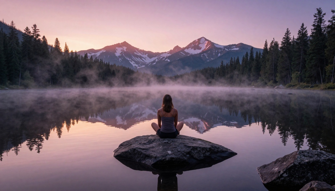 Woman at mountain lake sunrise, reflection in still water, volumetric morning mist, wide-angle