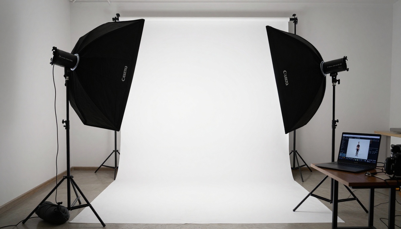 Professional photography studio with softboxes and camera on tripod