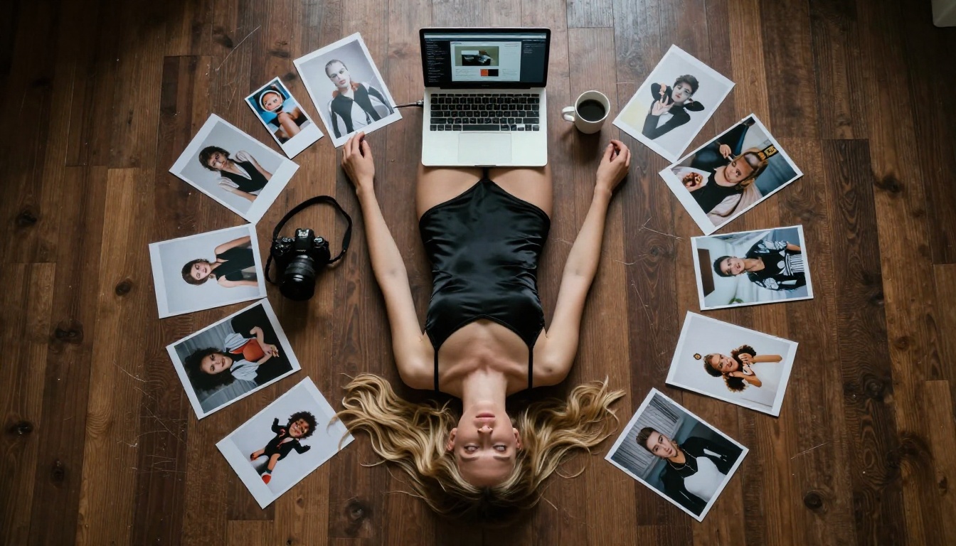 Aerial view of woman surrounded by photographs and AI tools on hardwood floor