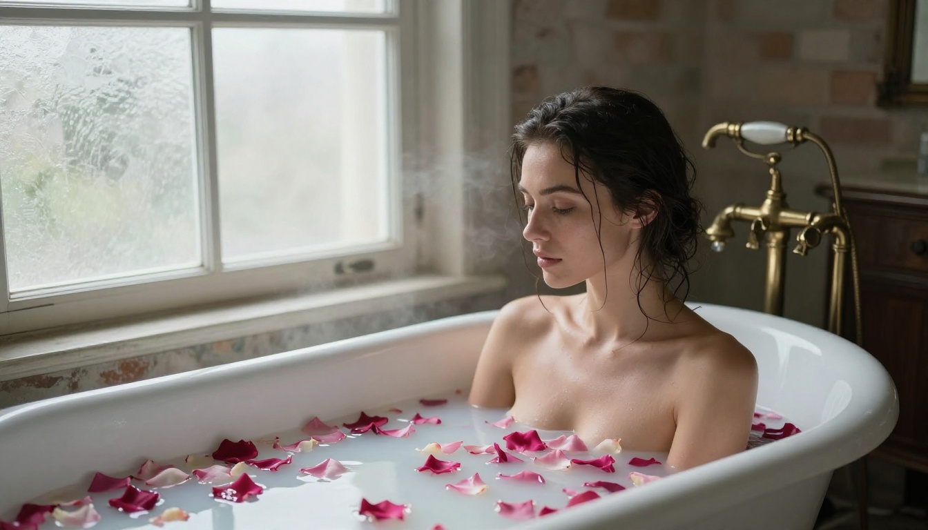 Woman in milk bath with rose petals, vintage clawfoot tub, soft European window light, romantic atmosphere