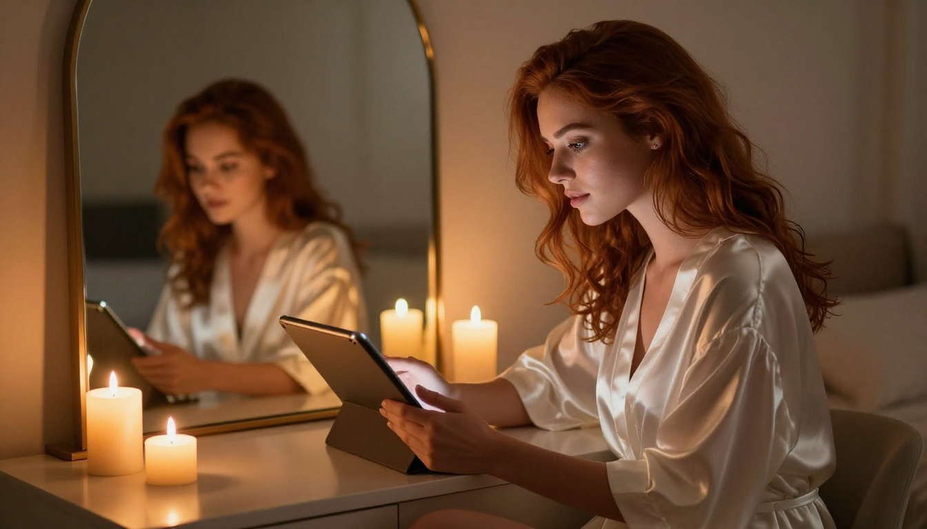 Woman with auburn hair viewing content on tablet in intimate candlelit bedroom