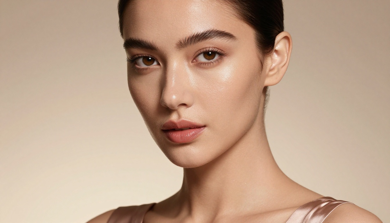 Close-up beauty shot of confident woman with defined cheekbones and dewy skin