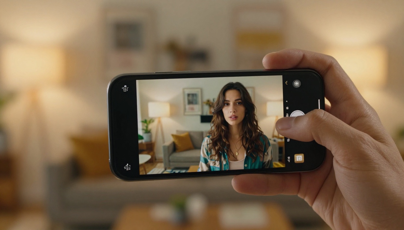 Hand holding smartphone displaying cinematic video in warmly lit living room