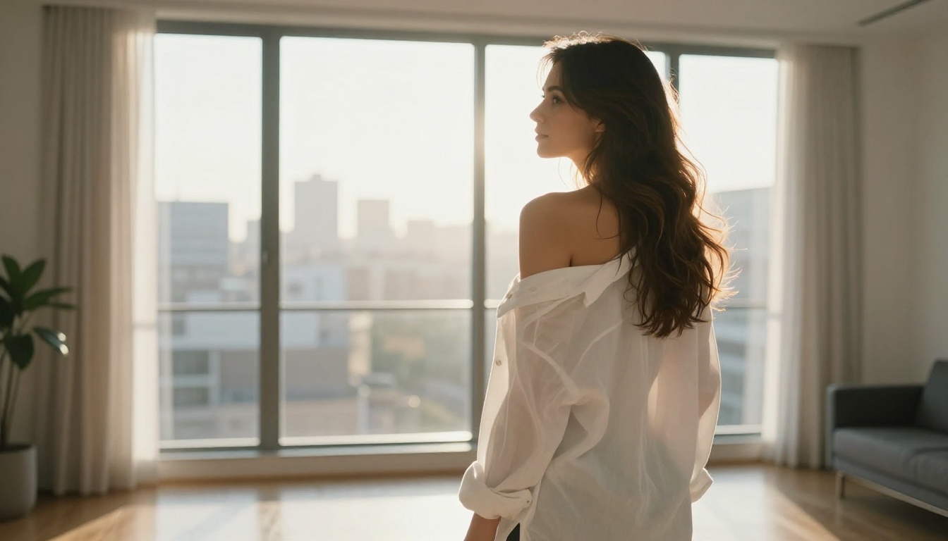 Woman in white shirt looking out floor-to-ceiling window with backlit morning sunlight