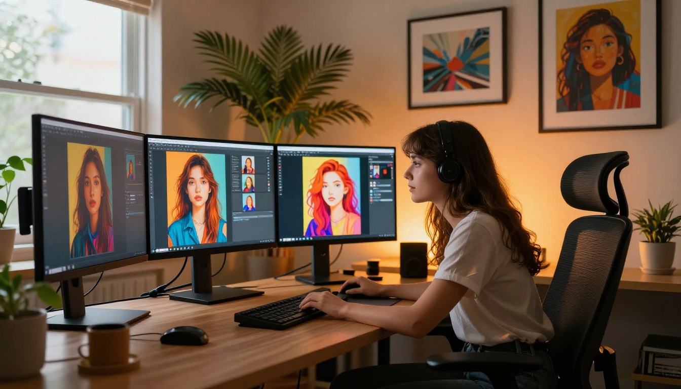Creative woman at ultrawide monitor setup in stylish home studio with warm ambient glow