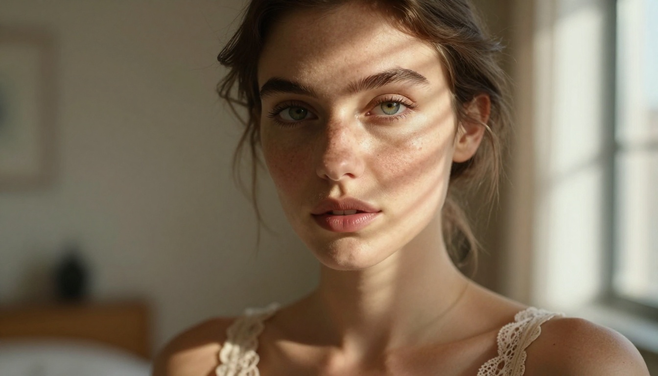 Close-up portrait of a woman with green eyes, venetian blind light patterns striping her face Close-up portrait of a woman with green eyes, venetian blind light patterns striping her face