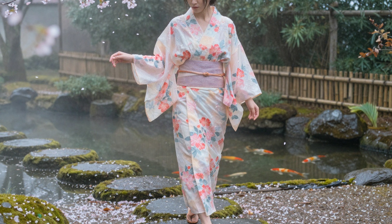 Woman in sheer floral kimono robe walking through a misty Japanese zen garden at dawn Woman in sheer floral kimono robe walking through a misty Japanese zen garden at dawn