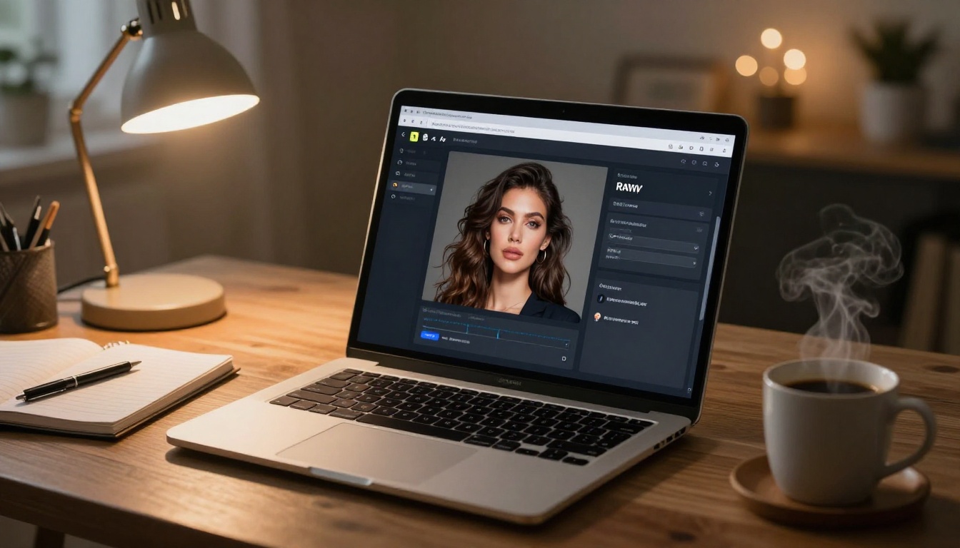 Laptop screen showing an AI image generation interface in a cozy home office setup Laptop screen showing an AI image generation interface in a cozy home office setup