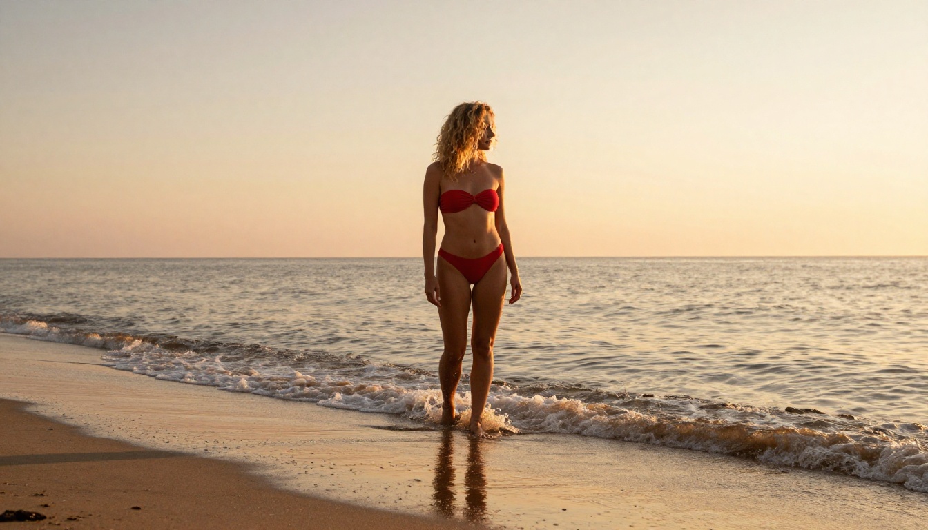 Woman in red bikini standing in the shallow surf at golden hour, sea foam at her feet Woman in red bikini standing in the shallow surf at golden hour, sea foam at her feet