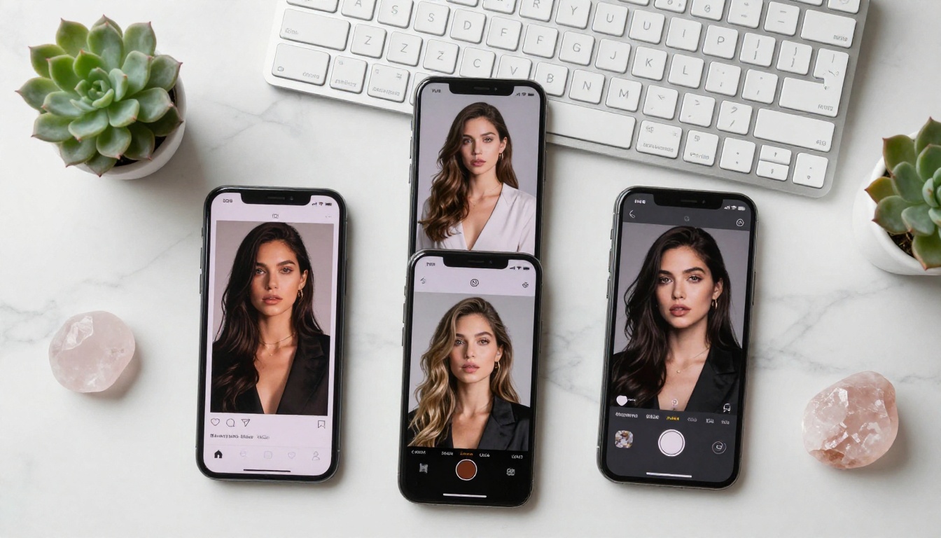 Multiple phone screens showing different AI glamour portrait styles laid out on a marble surface Multiple phone screens showing different AI glamour portrait styles laid out on a marble surface