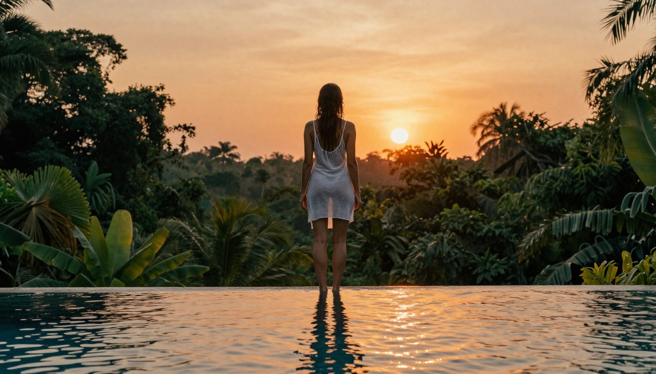 Woman at infinity pool overlooking tropical jungle at golden hour