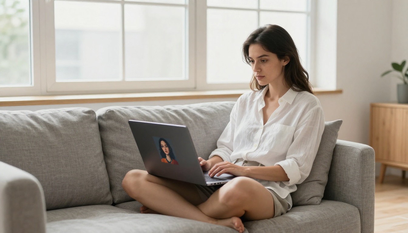 Woman with laptop on sofa browsing AI art in bright room