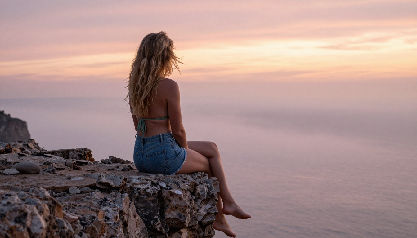 Woman at cliff edge at sunrise overlooking the ocean