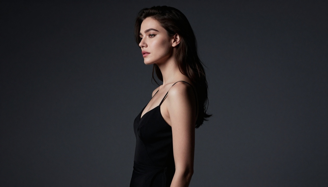 Woman in black dress glamour portrait, studio lighting