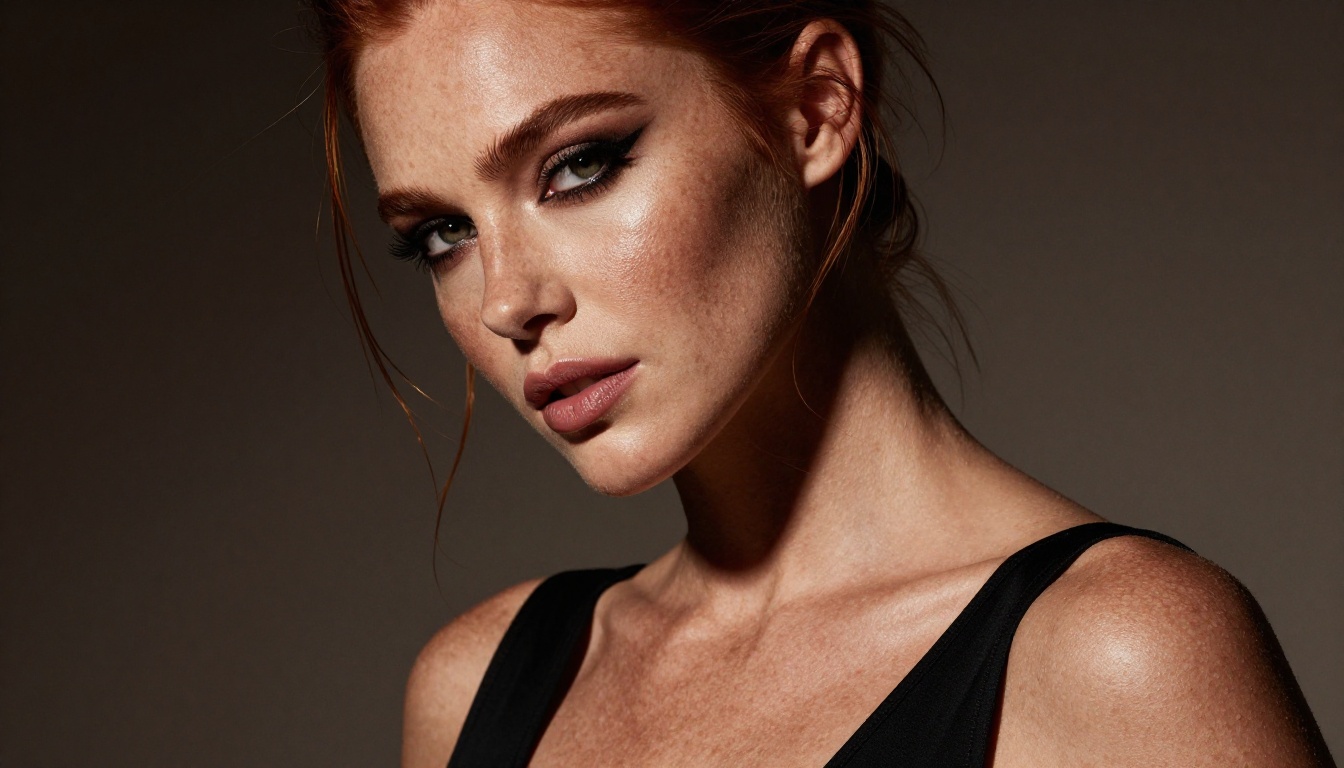 Close-up studio portrait of a redhead woman with dramatic lighting