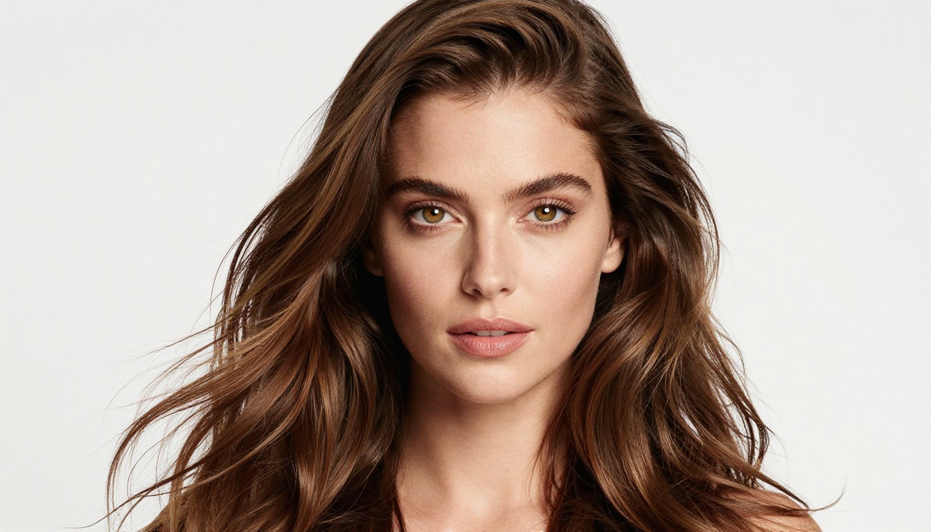 Studio three-point lighting glamour portrait with photorealistic skin and catchlight detail