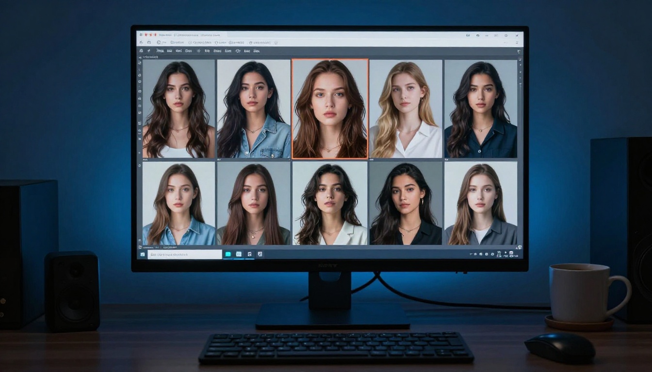 AI generation interface showing multiple portrait outputs on monitor
