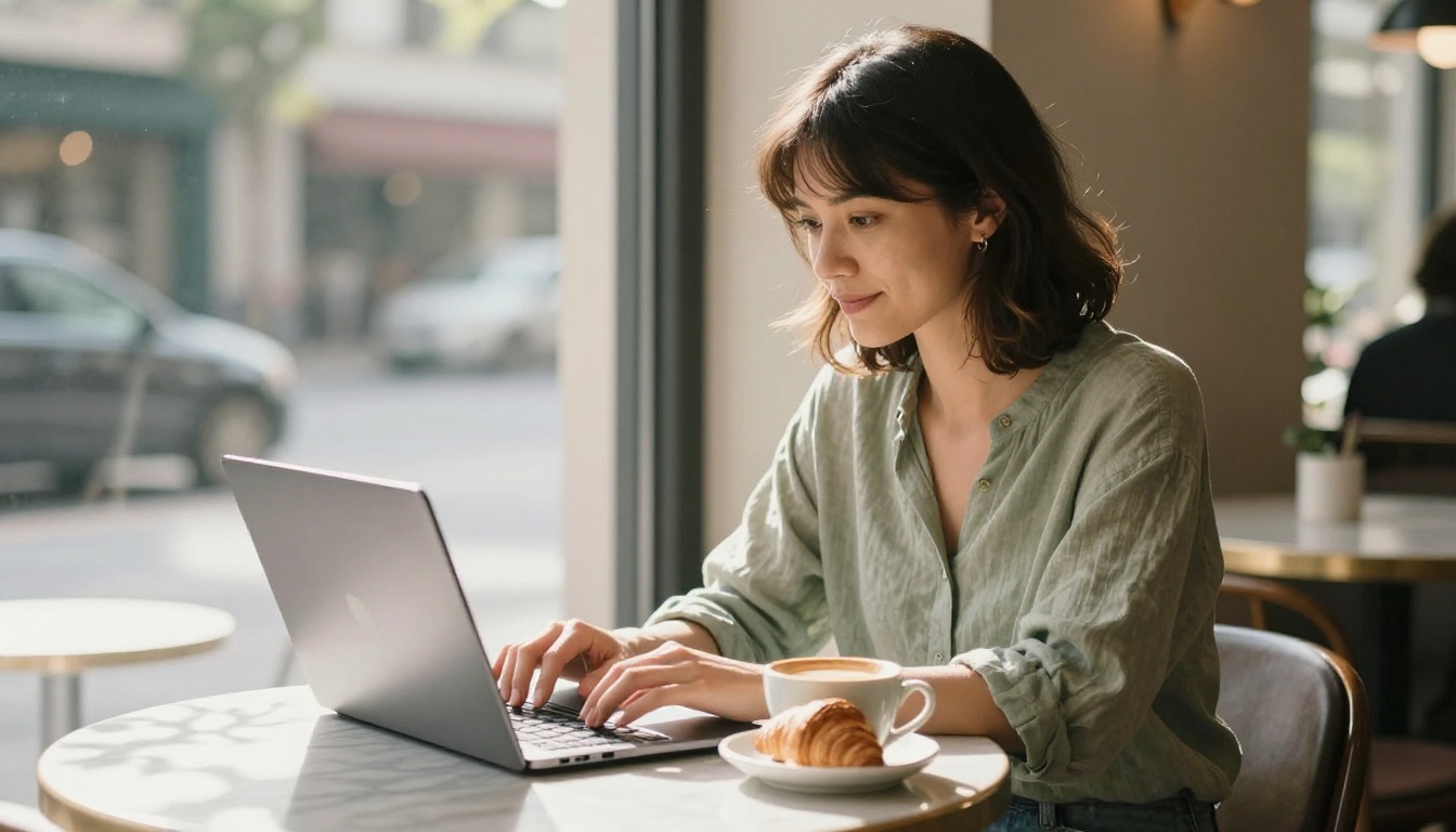 Woman creating AI art at laptop in bright cafe setting