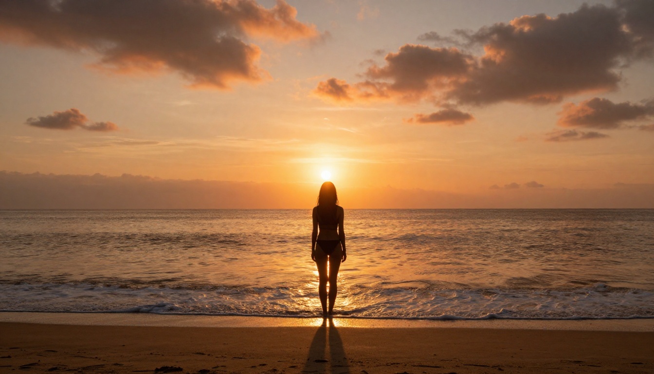 Silhouette at beach during golden hour with cinematic lens flare and atmospheric haze