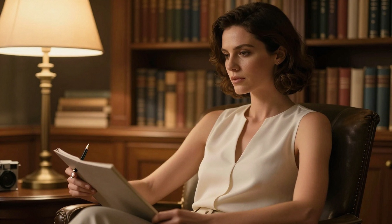 Artistic portrait of woman in library setting, warm evening light