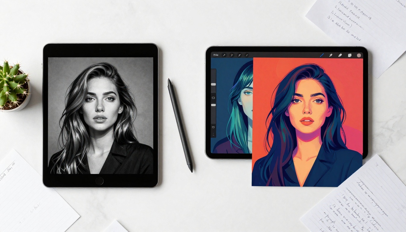 Comparison of two AI-generated portraits on tablets side by side