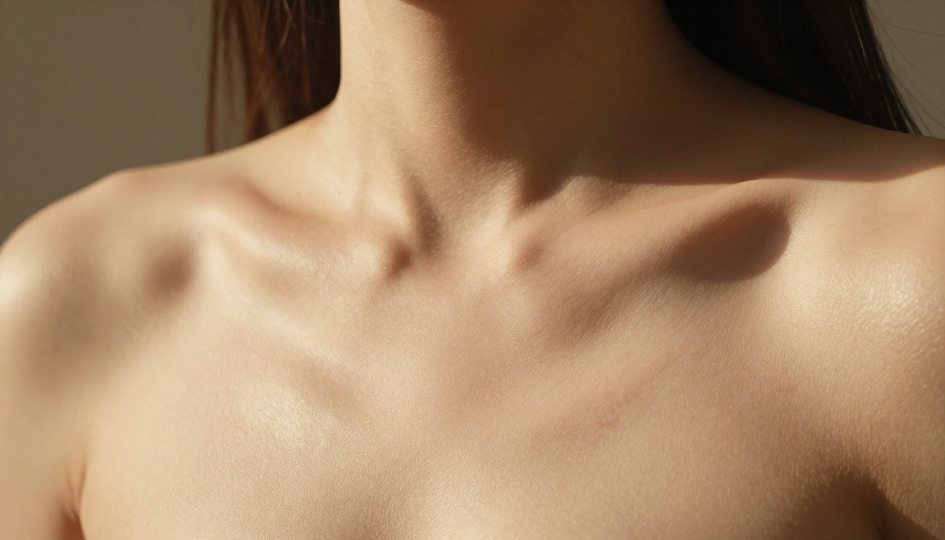 Extreme close-up of collarbone and neck with golden sidelight revealing skin micro-texture