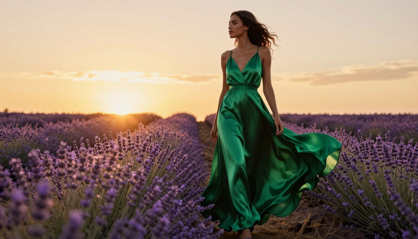 Woman in emerald silk maxi dress in a lavender field at magic hour