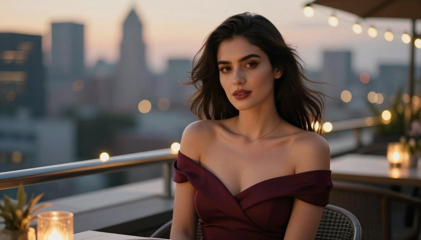 Woman at rooftop terrace at dusk with city lights behind