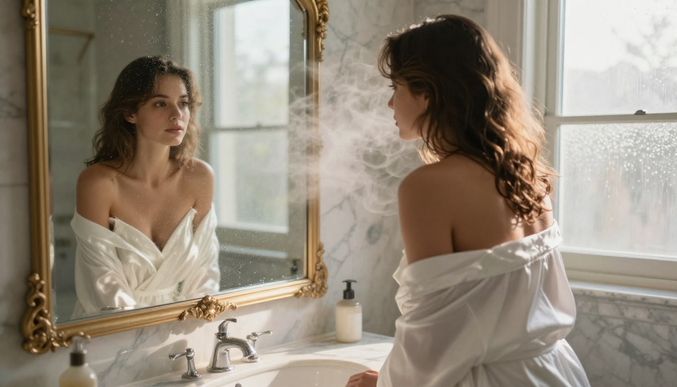 Woman in luxury marble bathroom with morning light and steam