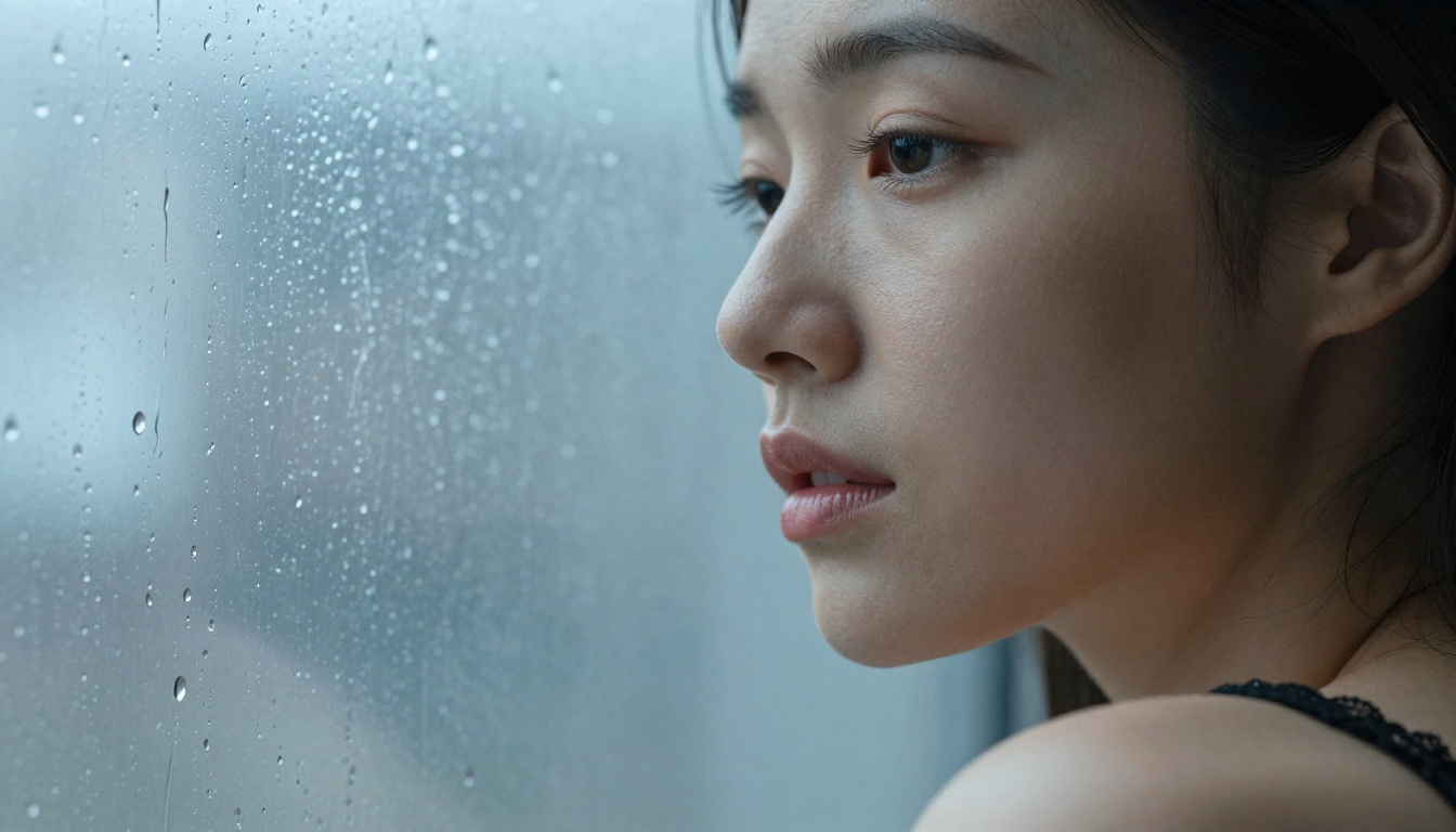 Close-up of woman with lace bralette by rain-streaked window in soft overcast light