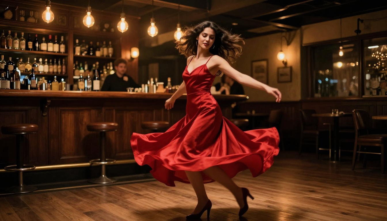 Woman in red satin dress dancing in dimly lit jazz bar with motion blur and amber Edison bulb lights