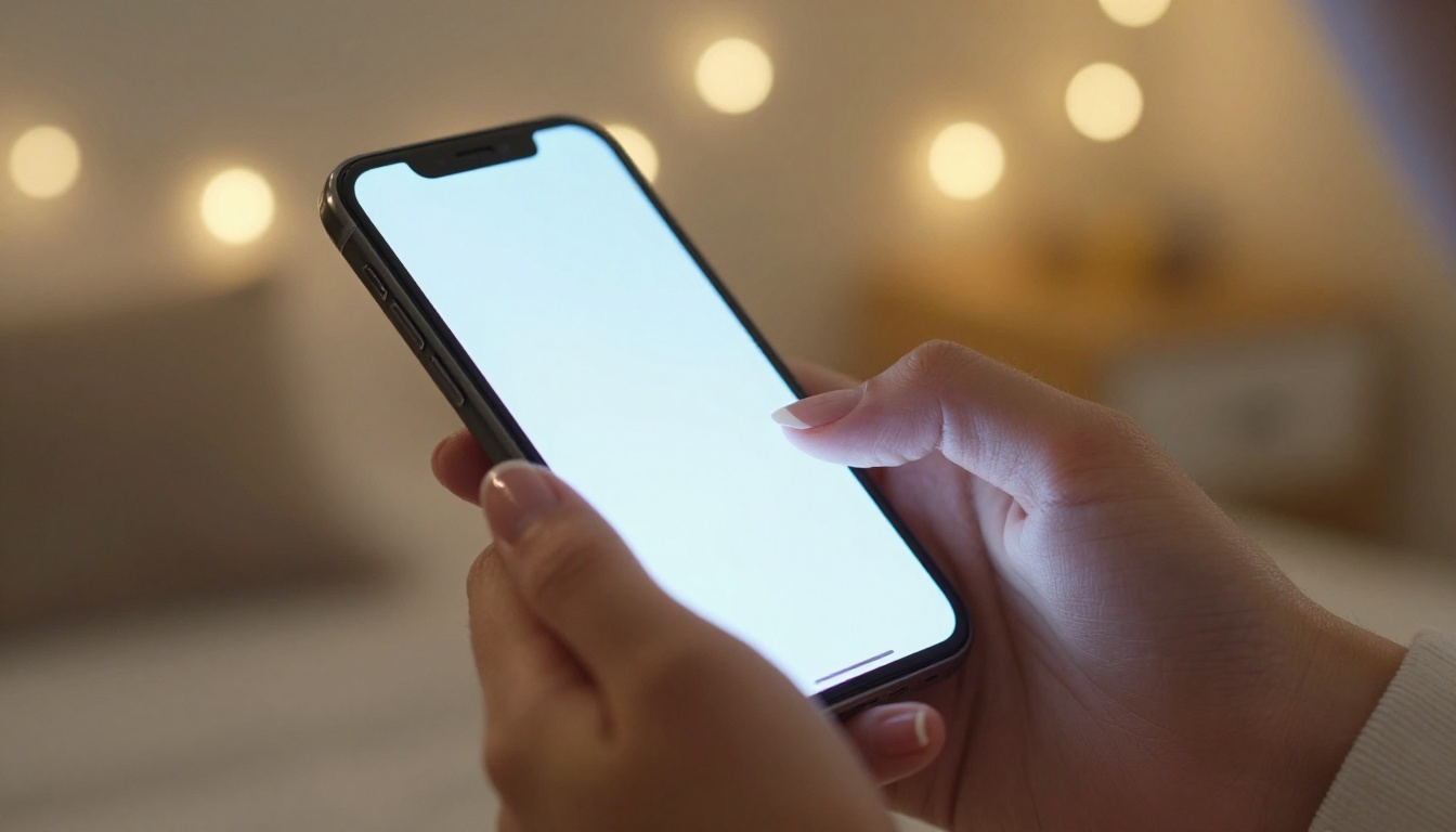 Close-up of woman's hands holding smartphone with glowing screen in warm cozy bedroom with fairy lights