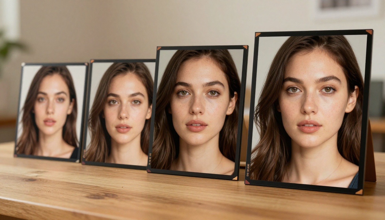 Consistent face reference photos on a wooden desk