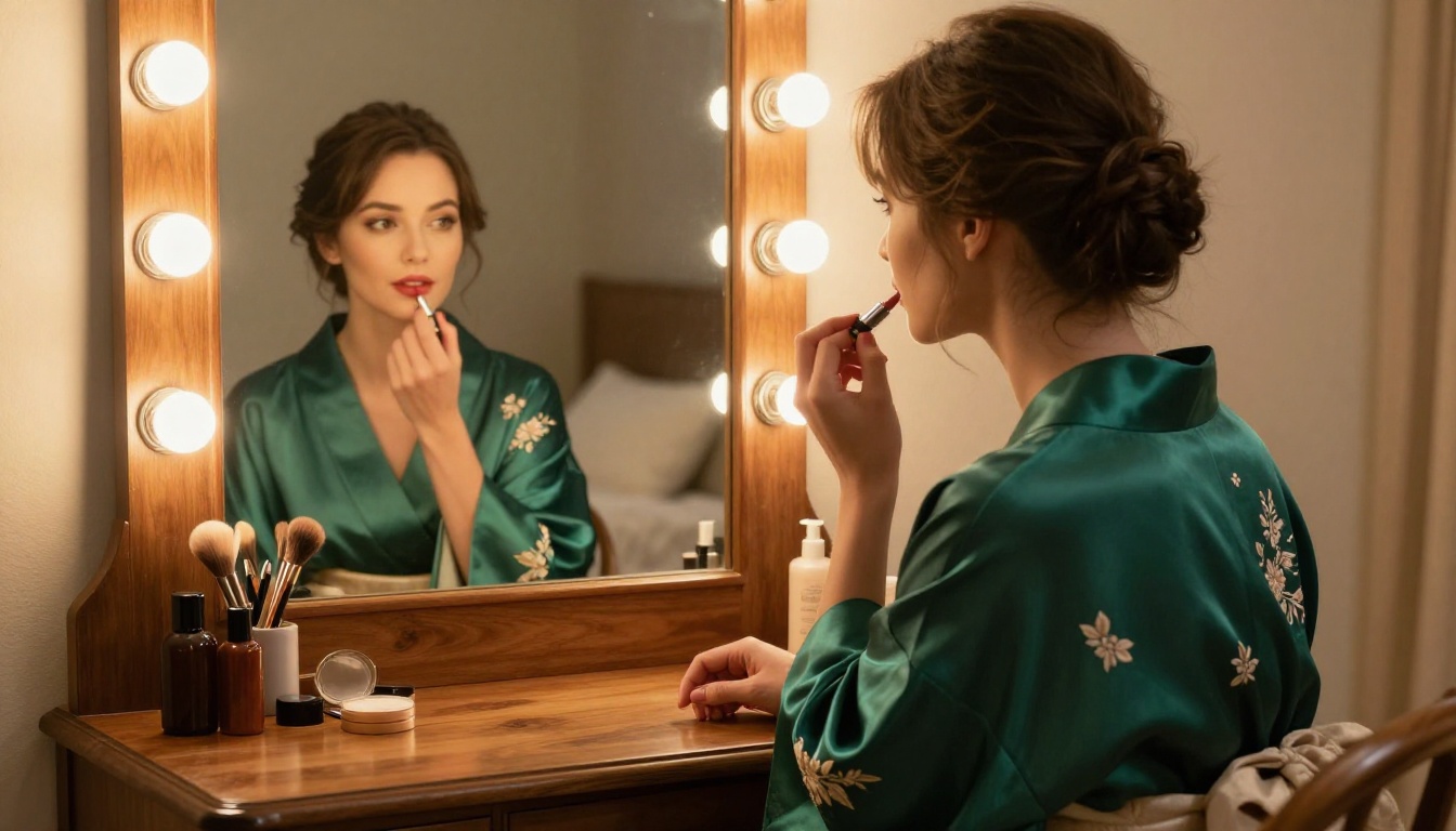 Woman in emerald silk kimono at vintage vanity mirror applying lipstick with warm Hollywood bulb lighting
