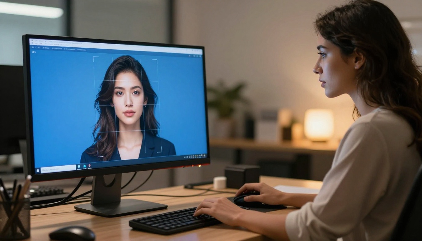 Woman at AI workstation with face grid interface