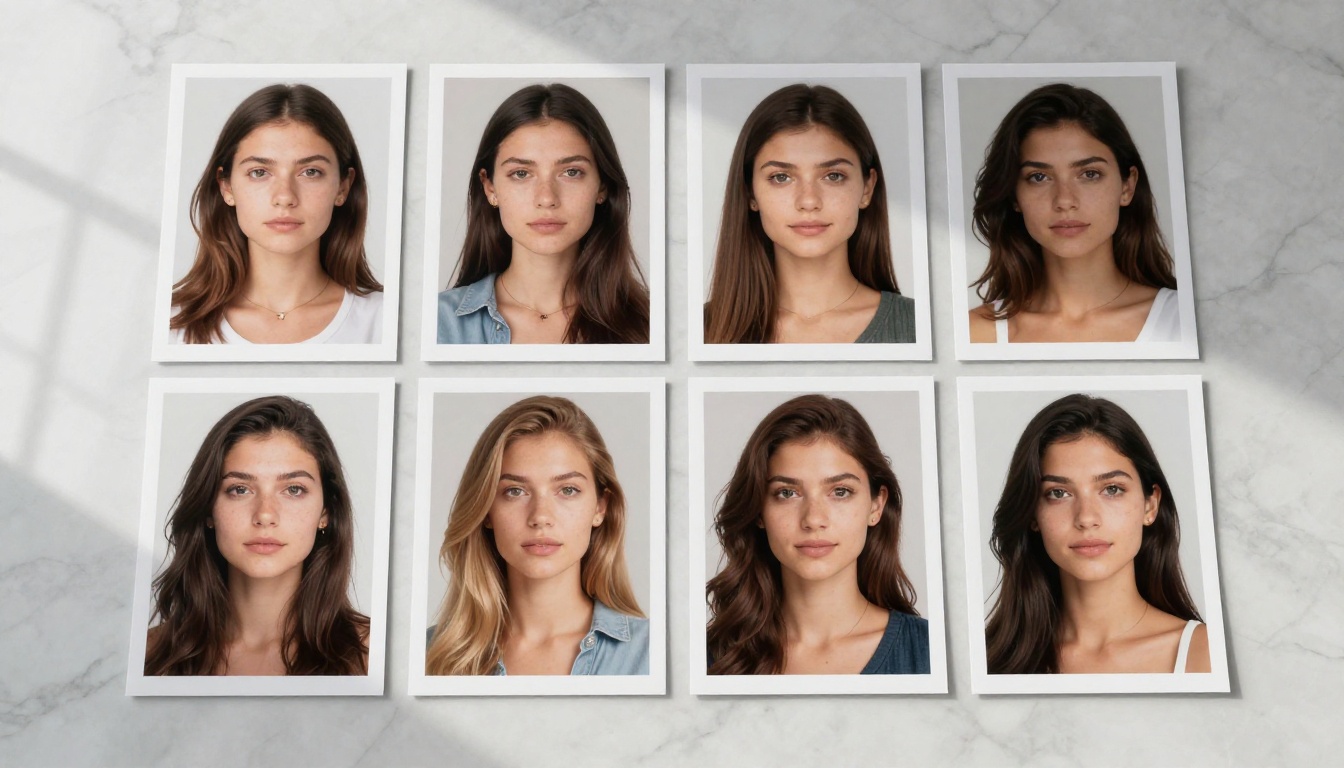 Multiple portrait photos of same character arranged on marble surface