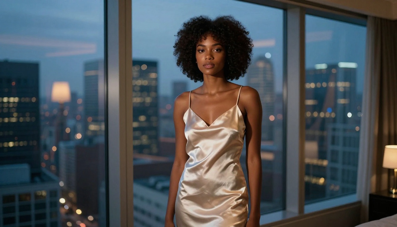 Woman in satin slip dress at luxury hotel window at dusk