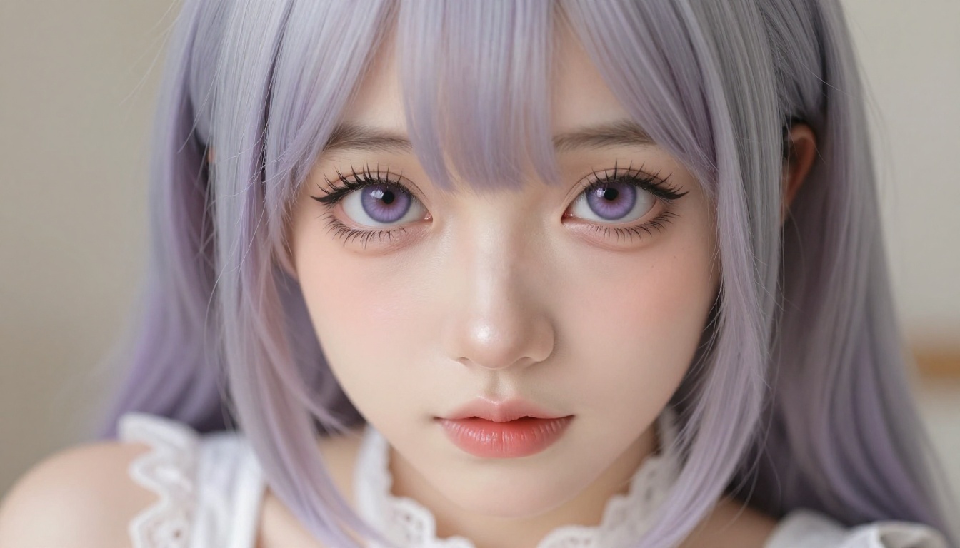 A stunning close-up portrait with anime-inspired expressive eyes and silver lavender hair