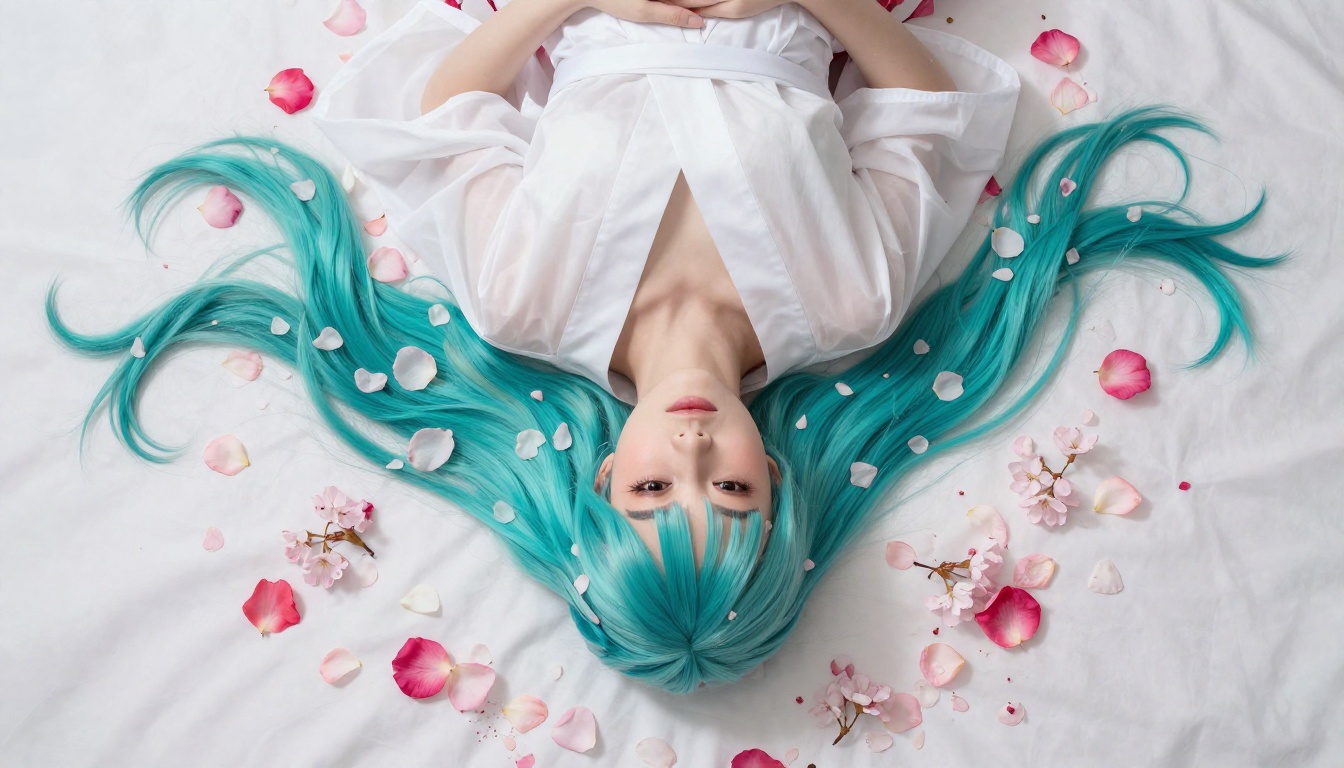 An aerial view of a woman with turquoise hair lying among sakura blossom petals