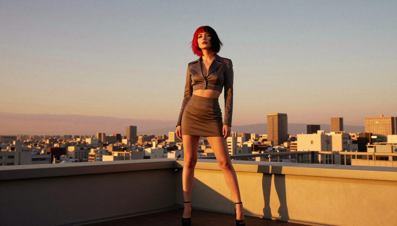 A beautiful woman with red and black anime-style hair on a Tokyo rooftop at golden hour