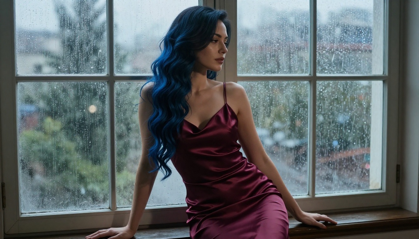 An elegant woman with dark blue ombre hair seated beside a rain-streaked window in a satin camisole