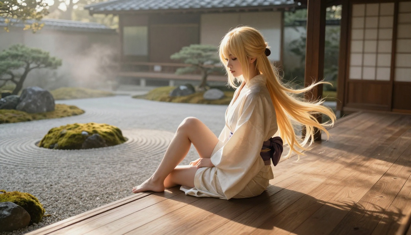 A serene woman in a yukata on a traditional Japanese engawa overlooking a zen garden