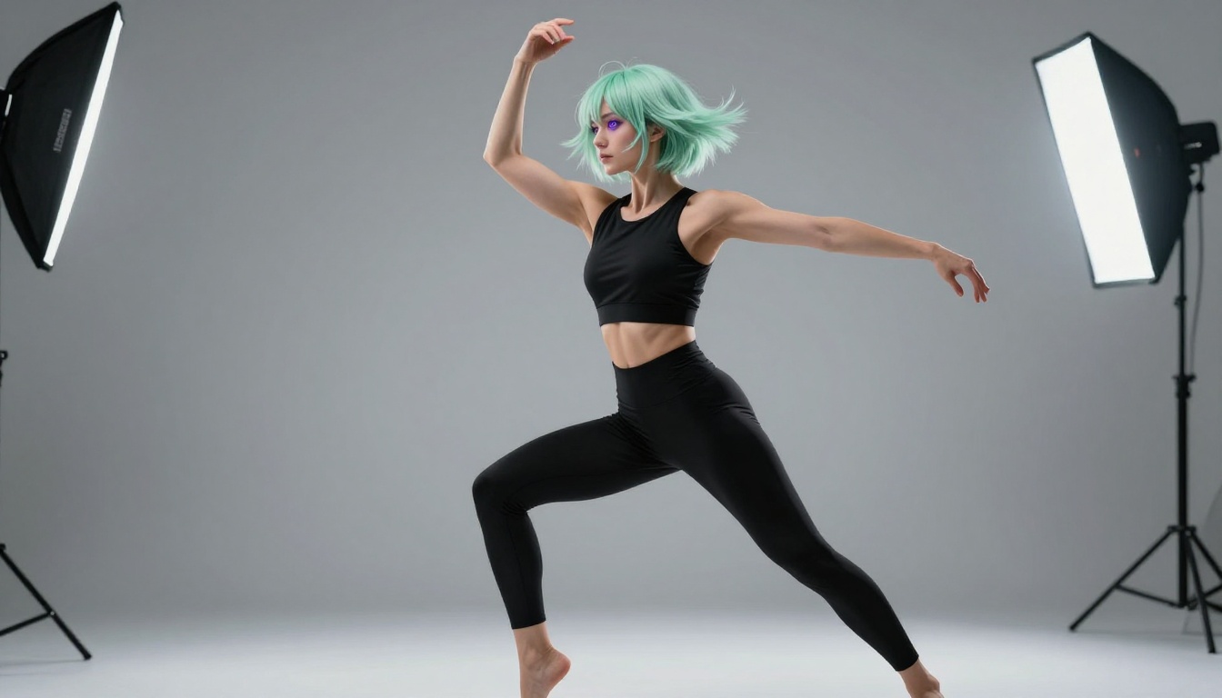 A woman with mint-green hair in a dynamic studio pose