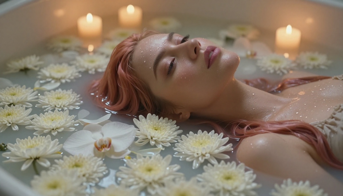 A woman with auburn hair in a milky flower bath surrounded by white orchid petals and candlelight