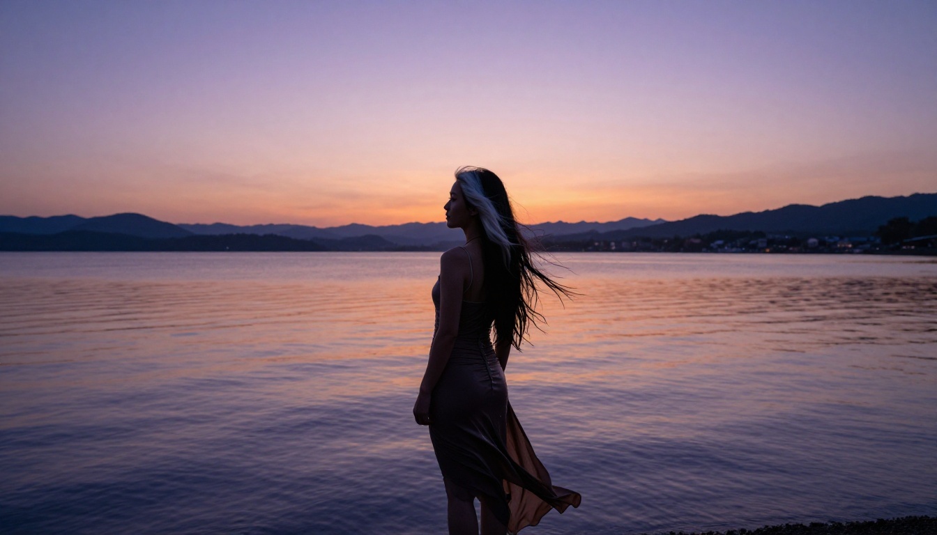A woman with flowing two-tone hair standing at the shore of a Japanese lake at dusk