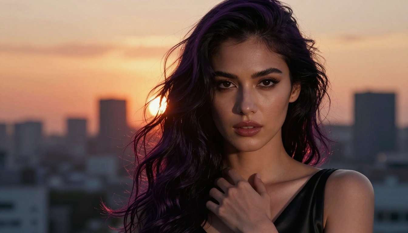 A backlit woman with dark purple hair against a Tokyo sunset cityscape with amber bokeh